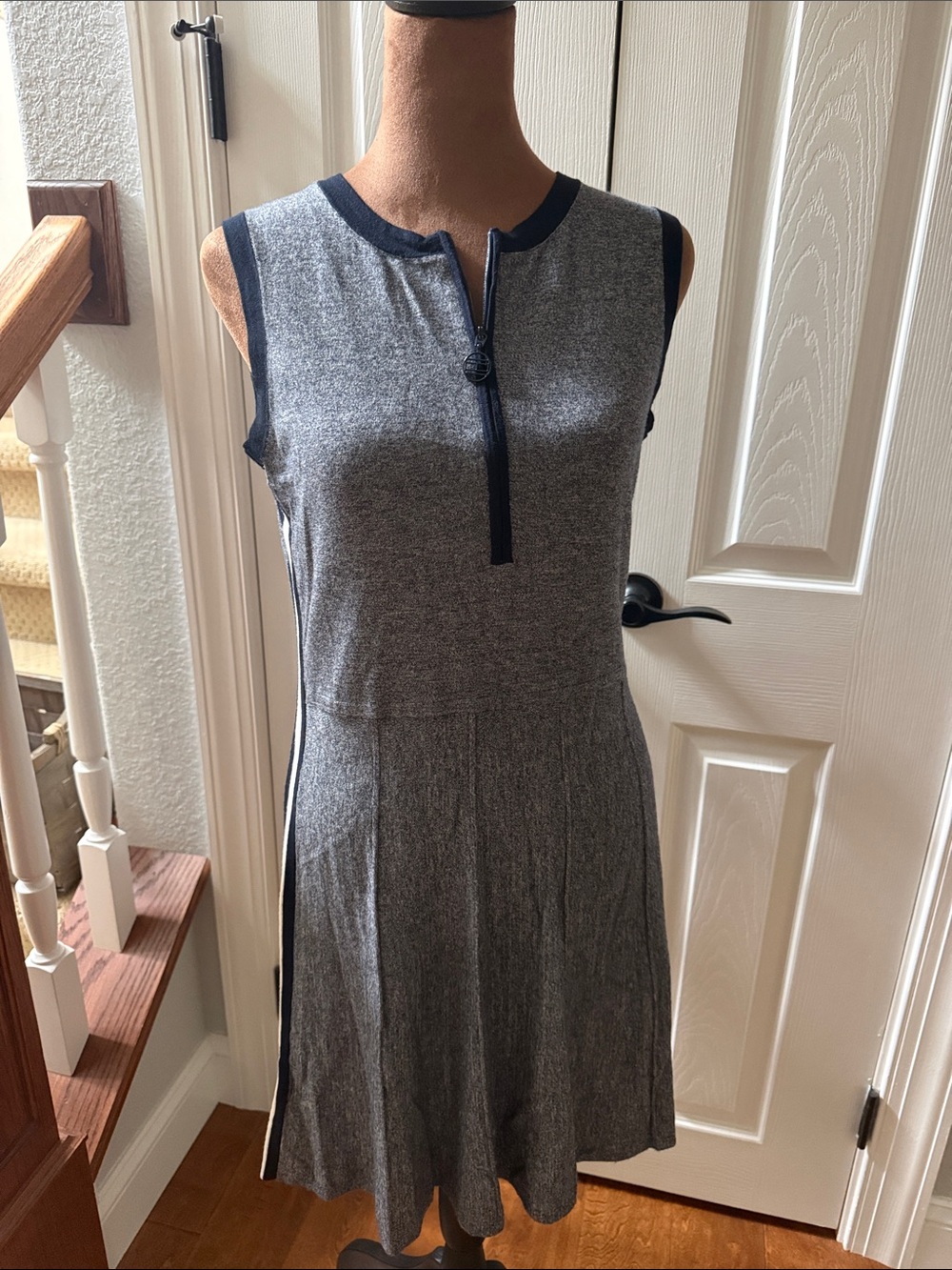 Tommy Hilfiger Heather Gray Sleeveless Knit Midi Dress with Navy Trim